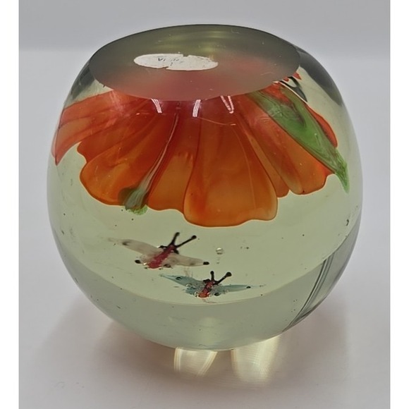 Vintage‎ Hand Blown Art Glass Paperweight Orange Flower & 2 Bumble Bees Bubbles - Picture 12 of 14